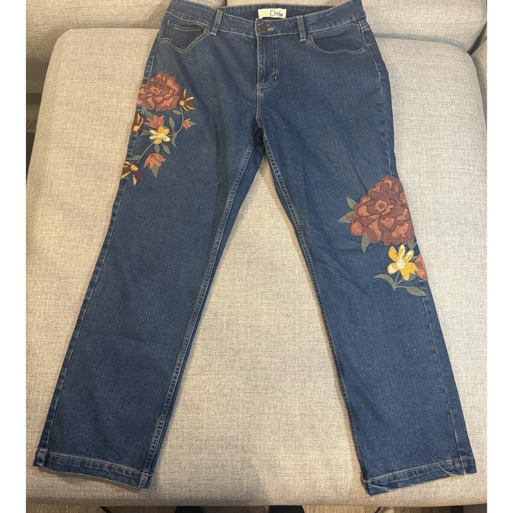 Dittos Jeans Women Floral Embroidered Y2K Straight Leg Boho Denim Pants Size 14